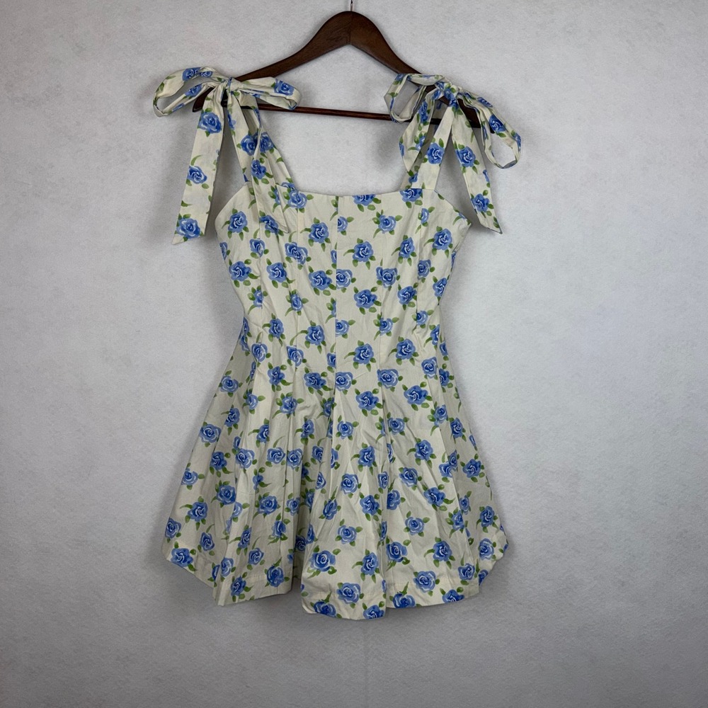 Hyfve Floral Self Tie Straps Romper Womens Small Blue Rose Cottagecore NWT